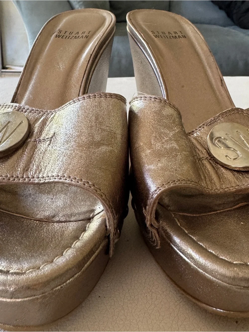Stuart Weitzman Bronze Metallic Wedge Mules